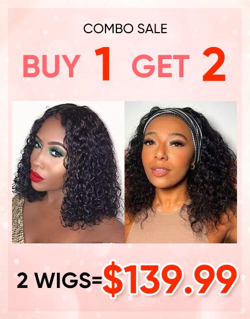 Jessies Wig BUY 1 GET 2  $139.99=10" Curly Thin V Part Bob Wig+12" Water Wave Headband Wig