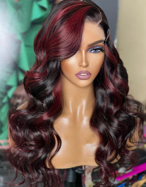 Jessies Wig Balayage Burgundy Wavy 13x4 Lace Front Wig Glueless HD Lace Human Hair Wig