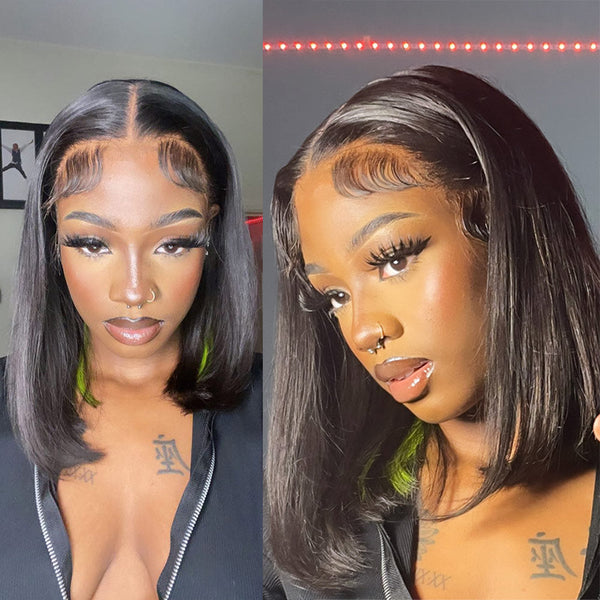 TIKTOK USA New Blunt Cut Bob Peekaboo Green Colored Transparent 4x4 13X4 Lace Frontal Human Hair Bob Wigs