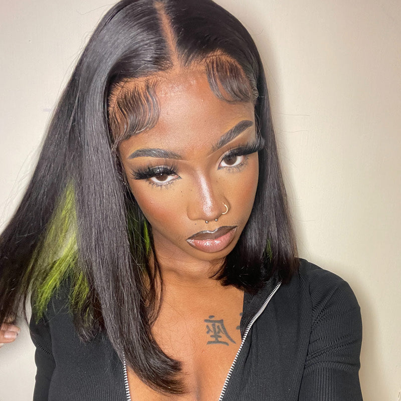 TIKTOK USA New Blunt Cut Bob Peekaboo Green Colored Transparent 4x4 13X4 Lace Frontal Human Hair Bob Wigs