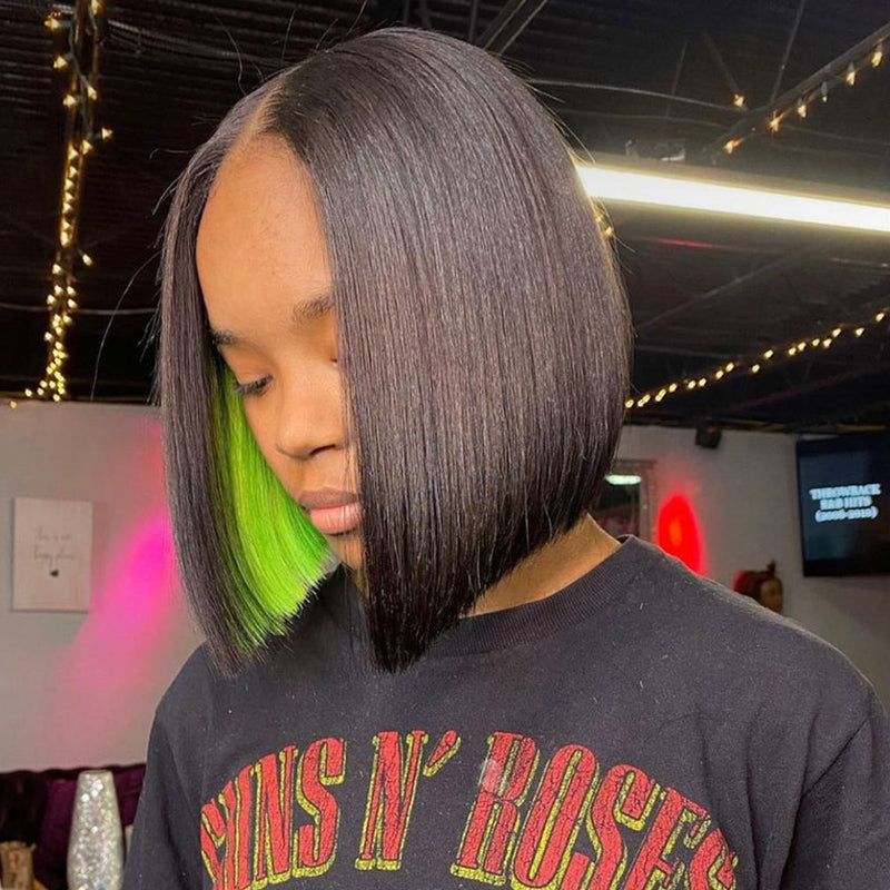 TIKTOK USA New Blunt Cut Bob Peekaboo Green Colored Transparent 4x4 13X4 Lace Frontal Human Hair Bob Wigs