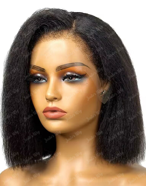 Jessies Wig 4C Kinky Edge Glueless Invisible Crystal HD Lace Kinky Straight 13x4 Lace Front Bob Wig Yaki Straight Human Hair Wig