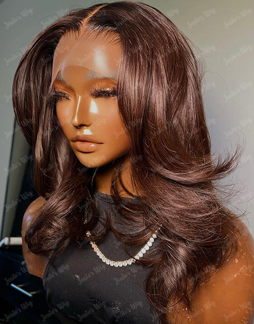 Jessies Wig Summer Chocolate Brown Wavy 13x4 Frontal Bob Human Hair HD Lace Wig Glueless