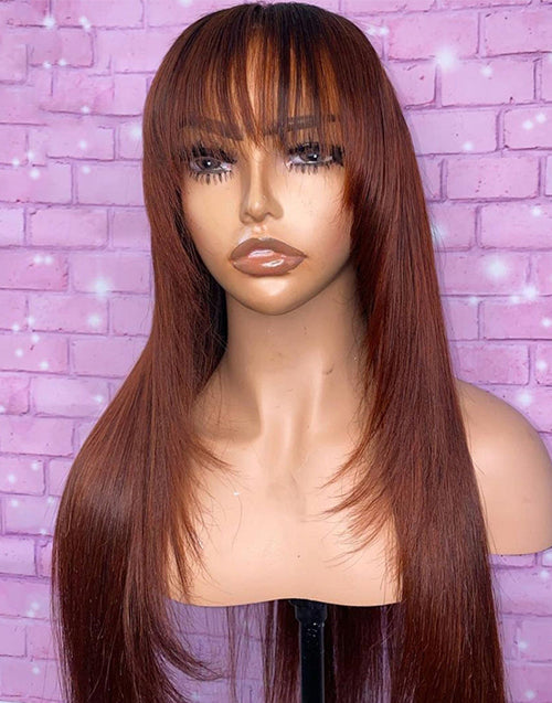 Jessies Wig Flash Deal $119.99 18" Reddish Brown Straight 4x4 Lace Wig With Bangs Layer Cut Glueless Human Hair Wig