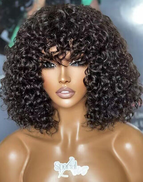 Jessies Wig Full Curly Bob True Scalp Wig With Bangs Glueless Human Hair Wig