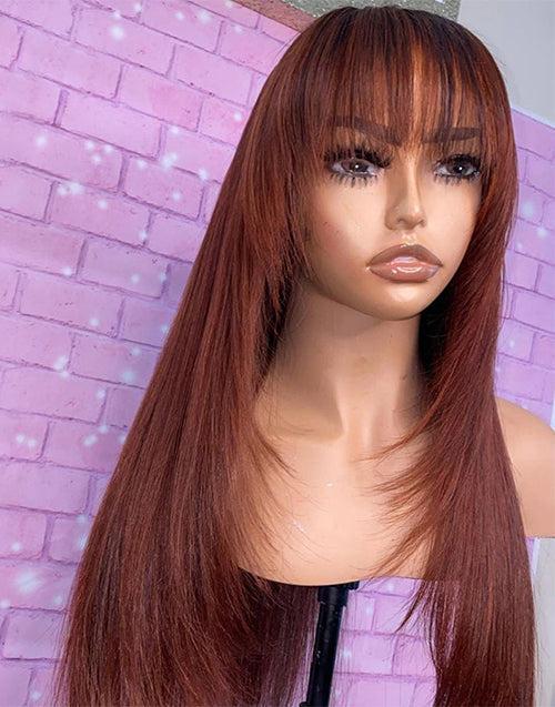 Jessies Wig Flash Deal $119.99 18" Reddish Brown Straight 4x4 Lace Wig With Bangs Layer Cut Glueless Human Hair Wig