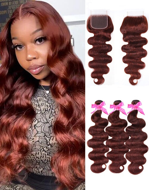 Jessies Wig Reddish Brown Body Wave Hair 3 Bundles With Closure Brazilian Human Hair With Lace Closure