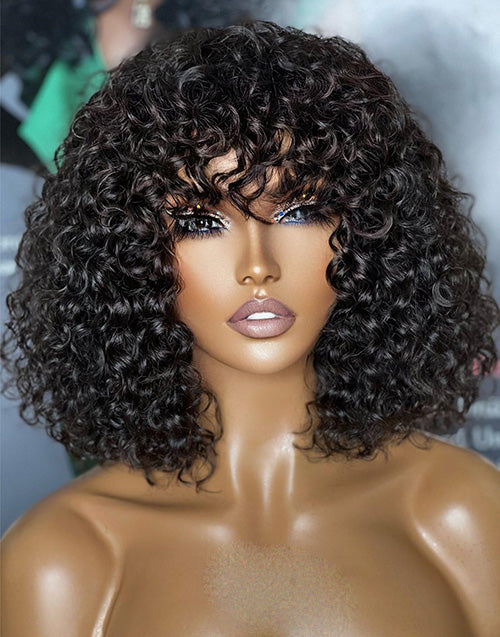 Jessies Wig Curly Bob Wigs With Bangs Short Glueless Human Hair Wigs Double Drawn