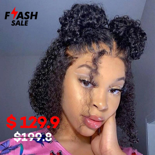 Flash Sale 12inch Glueless Curly Invisible 13X4 Lace Frontal Bob Wig