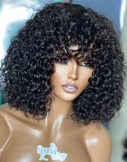 Jessies Wig Full Curly Bob True Scalp Wig With Bangs Glueless Human Hair Wig