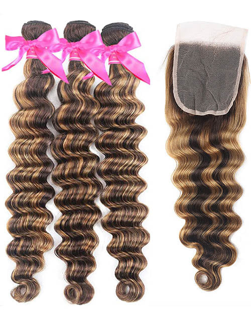 Jessies Wig Highlight Brown P4/27 Loose Deep Wave 3 Bundles With Closure Human Hair Weave Bundles With Closure