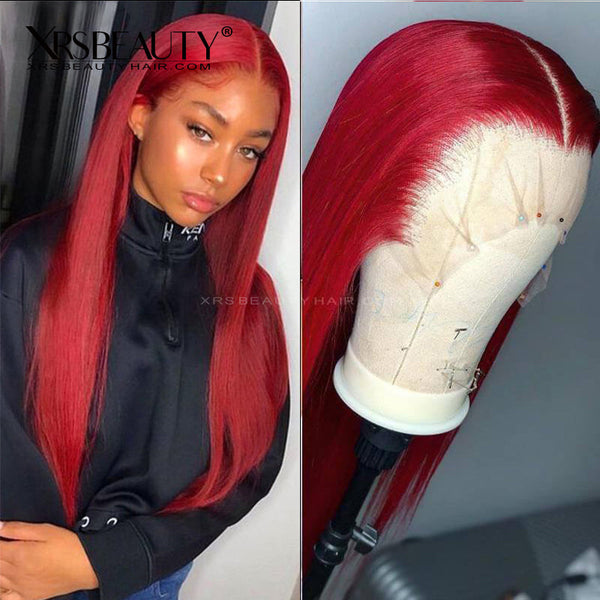 Xrs Beauty Hair Straight Red Human Hair Lace Front Wig Pre Plucked Hairline [CFW11]