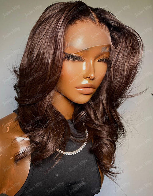 Jessies Wig Summer Chocolate Brown Wavy 13x4 Frontal Bob Human Hair HD Lace Wig Glueless