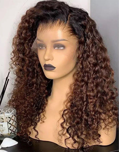 Jessies Wig Glueless Invisiable Crystal HD Lace Ombre Chocolate Brown Curly 13x4 Lace Front Human Hair Wig