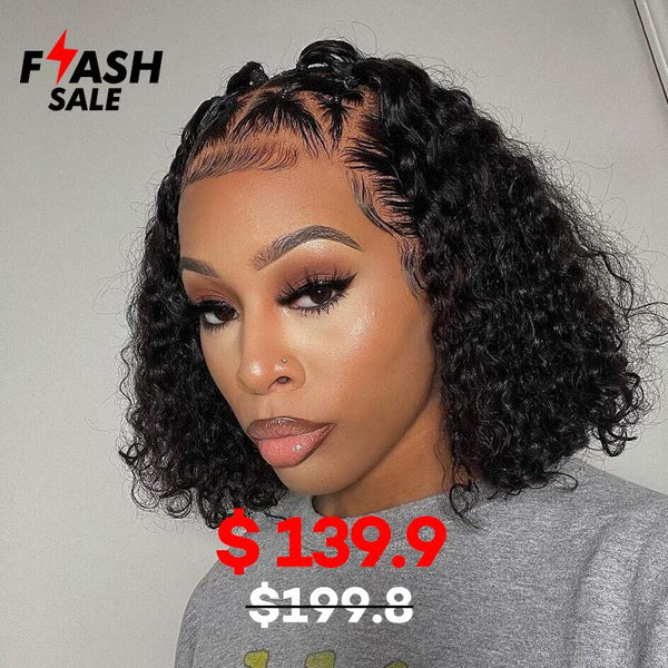 Flash Sale 12inch Glueless Curly Invisible 13x6 Lace Frontal Bob Wig