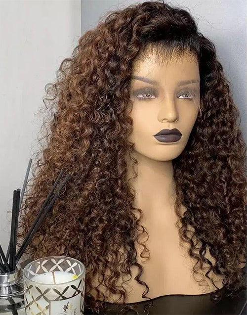 Jessies Wig Glueless Invisiable Crystal HD Lace Ombre Chocolate Brown Curly 13x4 Lace Front Human Hair Wig