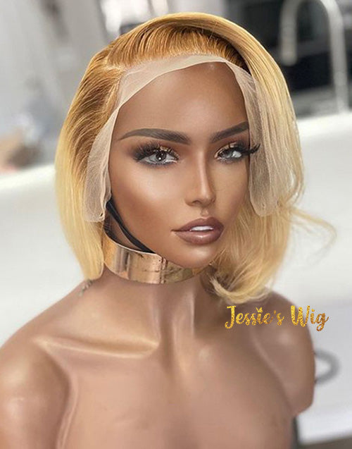 Jessies Wig 13x4 Short Cut Blonde Bob Lace Frontal Wigs With Brown Roots