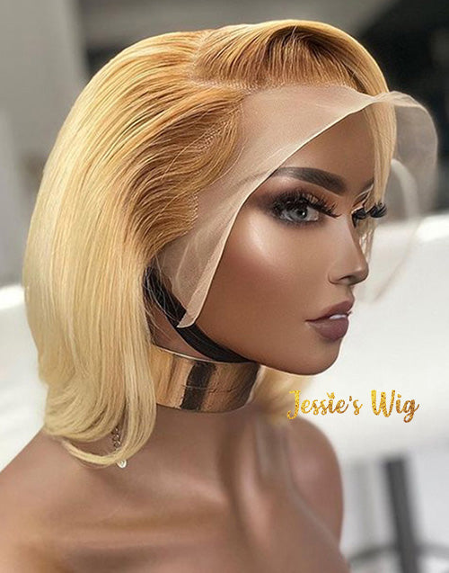 Jessies Wig 13x4 Short Cut Blonde Bob Lace Frontal Wigs With Brown Roots