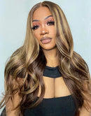 Jessies Wig Honey Brown 13x4 Lace Frontal Highlight Body Wave Preplucked Wig Glueless Human Hair Wig