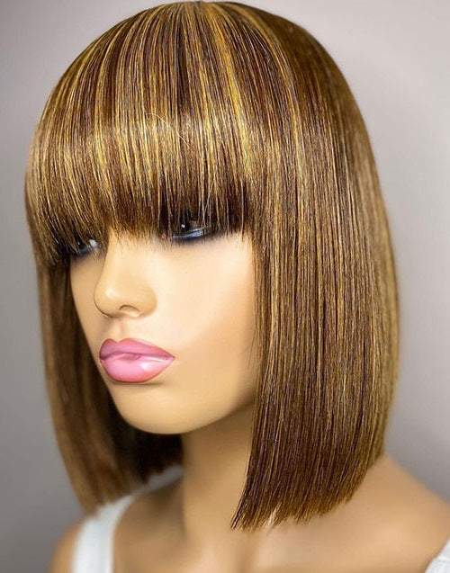 Jessies Wig Highlight Honey Blonde Straight Bob Wig With Bangs Glueless Human Hair Wig With Fringe