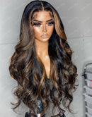 Jessies Wig Brown Highlights Glueless 13x4 Pre plucked HD Lace Frontal Body Wave Wig Black Roots Human Hair