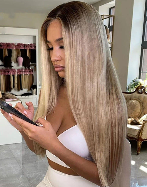 Jessies Wig Highlight Ash Blonde Straight 13x4 Lace Front Wig Glueless 4x4 Lace Human Hair Wig