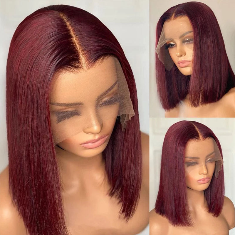 Dola Hair 99J Burgundy Short Bob T Part Lace Front Human Hair Wig