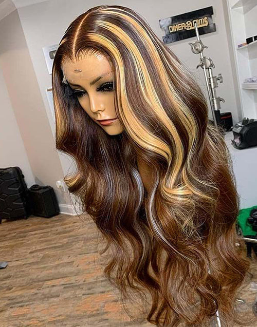 Jessies Wig Glueless Invisiable Crystal HD Lace Highlight Brown Body Wave 13x4 Lace Front Wig Honey Blonde 4x4 Lace Human Hair Wig