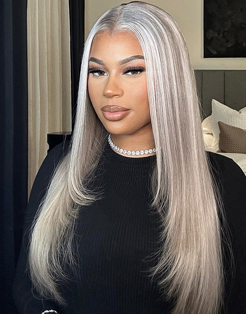 Jessies Wig Highlight Ash Blonde Straight 13x4 Lace Front Layer Cut Wig With Grey Roots Glueless Human Hair Wig