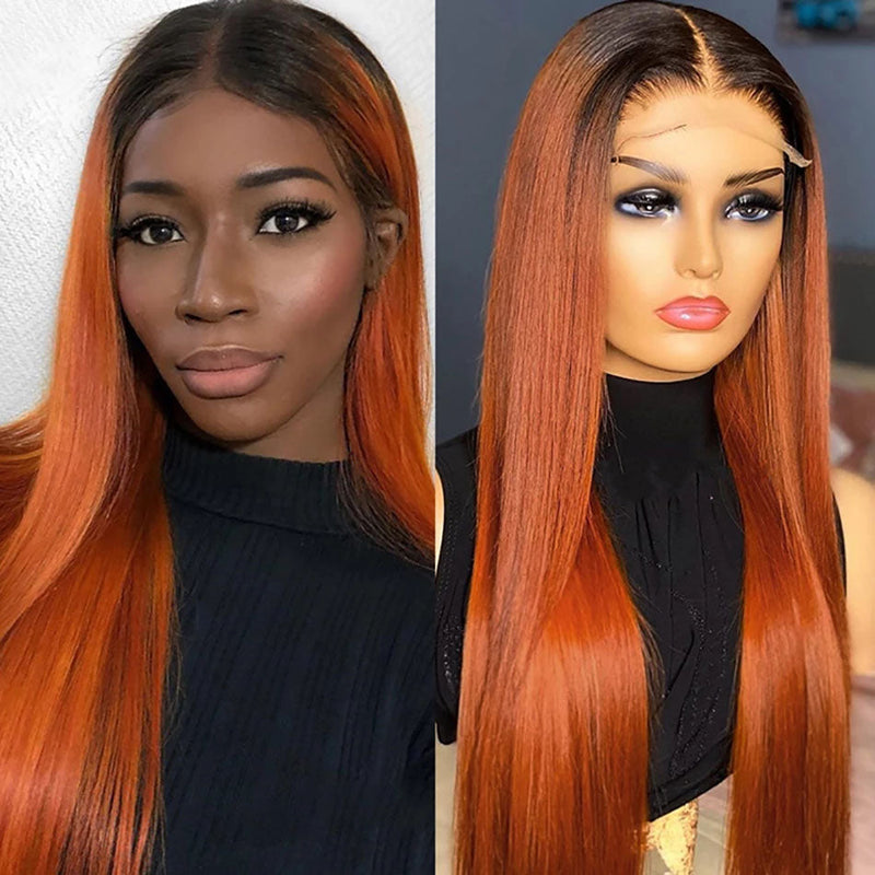 Dola Hair Ginger Lace Closure Wig With Black Roots Straight Human Hair Wig