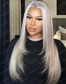 Jessies Wig Highlight Ash Blonde Straight 13x4 Lace Front Layer Cut Wig With Grey Roots Glueless Human Hair Wig