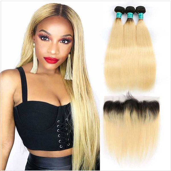 Ali Grace Straight Hair Bundles 3 Pcs With 13x4 Lace Frontal T1B/613 Color