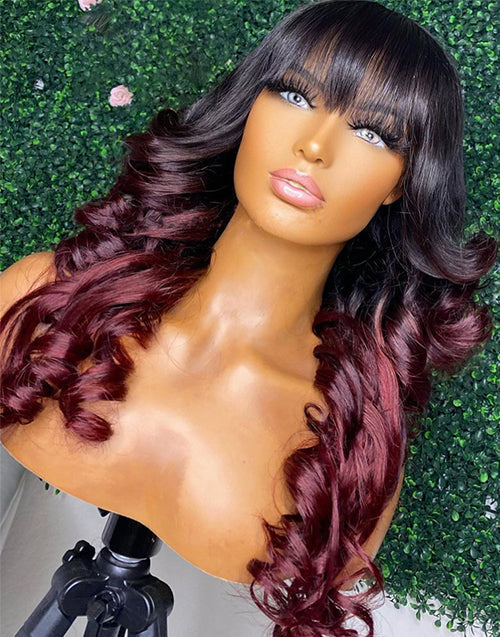 Jessies Wig Ombre Burgundy 99J Loose Wavy 13x4 Lace Front Human Hair Wig With Bangs Glueless 4x4 Lace Wig