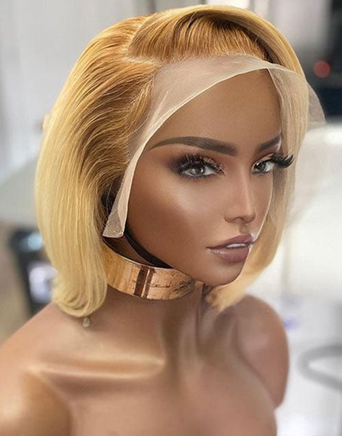 Jessies Wig 13x4 Short Cut Blonde Bob Lace Frontal Wigs With Brown Roots