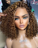 Jessies Wig Piano Honey Brown Curly 13x4 Frontal Bob Wig Glueless HD Lace Highlights Human Hair Wig