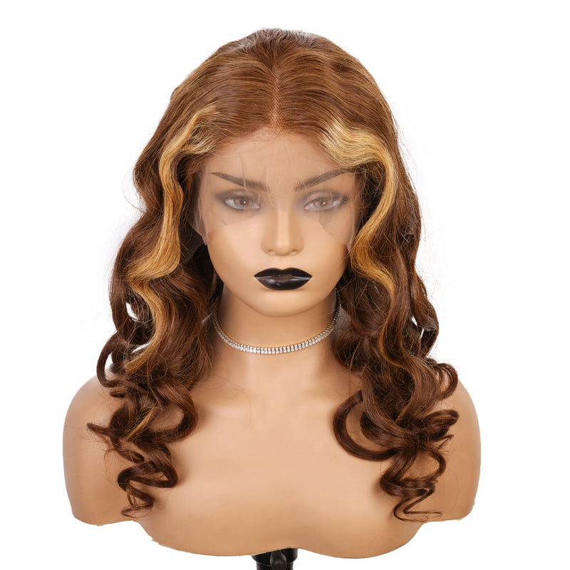 Xrs Beauty Hair Chestnut Brown with Blonde Money Piece Highlights 13x4 Lace Front Wavy Wig [CXW35]