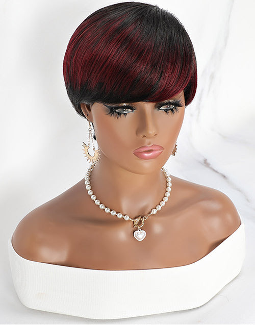 Jessies Wig Ombre Red Short Bob Straight Pixie Cut Full Machine Made Wig With Bangs Non Lace Wig