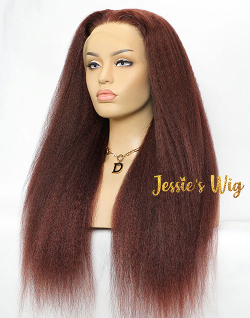 Jessies Wig Can Be Braided Reddish Brown Kinky Straight Glueless 13x4 Lace Front Wig Yaki Straight Human Hair