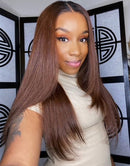 Jessies Wig Ombre Dark Brown Straight Layer Cut 13x4 Lace Frontal Wig With Black Roots Human Hair Glueless Wig