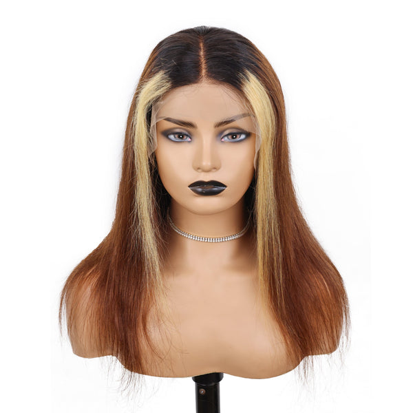 Xrs Beauty Hair Straight Ombre Honey Brown Human Hair Wig Pre-plucked with Baby Hair 13x4 Lace Front Wig Natural Hairline Pre-Plucked With 150 Density [CXW36]