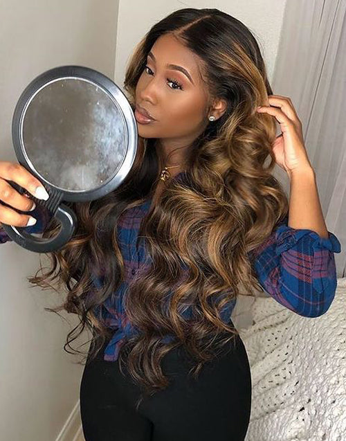 Jessies Wig Highlight Brown U Part Wig Glueless Body Wave P4/27# Color Human Hair Wig