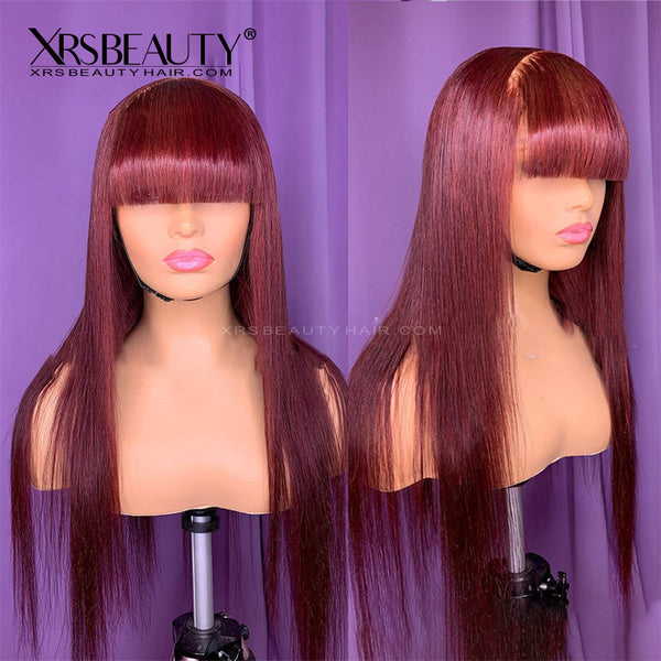 Xrs Beauty Hair Burgundy Wig with Bangs Long Straight Human Hair 13x4 Lace Front Wig [CFW05]