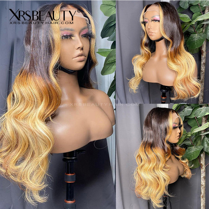 Xrs Beauty Hair Yellow Orange Ombre Hair With Money Piece Highlights Body Wave Front Lace Human Hair Wig [CFW30]