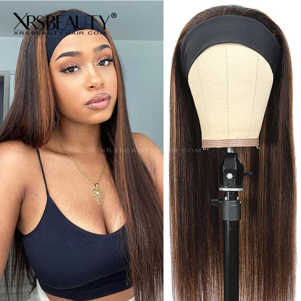 Xrs Beauty Hair 180% Density Straight Black Hair With Brown Highlight Headband Wig Glueless Human Hair Wig Affordable [HBW11]