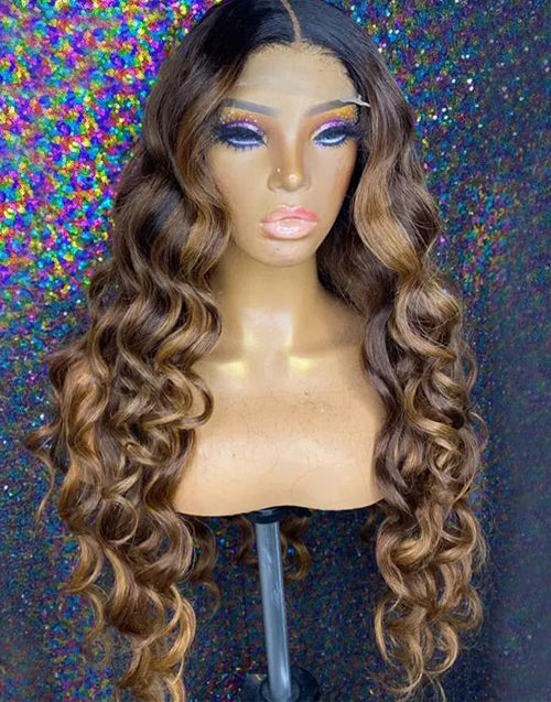 Jessies Wig Ombre Honey Blonde Loose Deep Wave 4x4 Lace Closure Wig Fake Scalp Glueless Human Hair Wigs