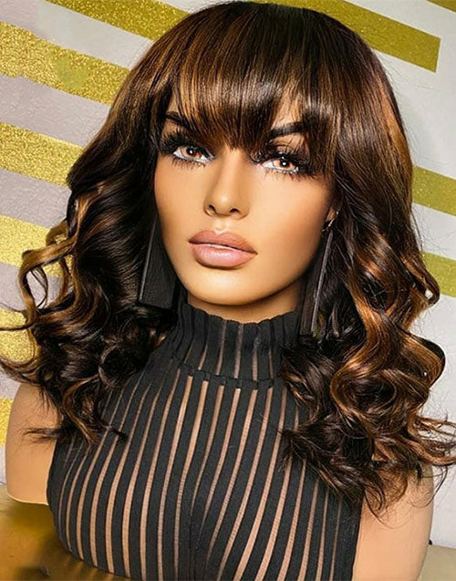 Jessies Wig Balayage Highlight Wavy Bob Wig With Bangs Glueless Human Hair Wig With Fringe