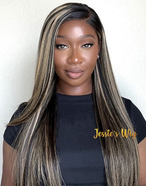 Jessies Wig 5x6 Pre Cut Glueless HD Lace Wig Balayage Highlights Honey Blonde Straight