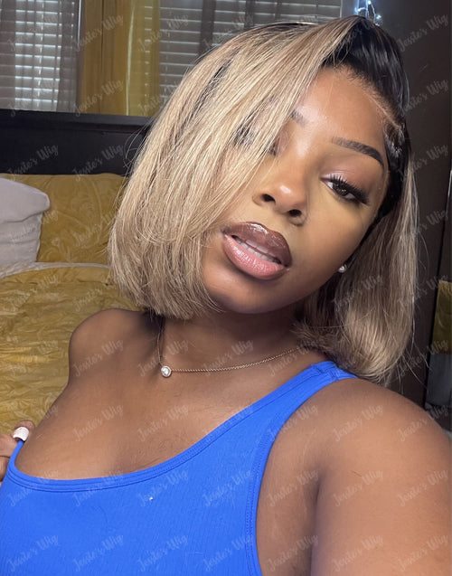 Jessies Wig Ombre Ash Blonde Short Straight Cut 13x4 Lace Front Bob Wig Glueless Human Hair Wig