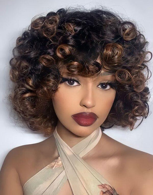 Jessies Wig Short Bouncy Curly Double Drawn Human Hair Wig With Bangs Ombre Honey Blonde 99j Natural Black Color