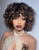 Jessies Wig Short Bouncy Curly Double Drawn Human Hair Wig With Bangs Ombre Honey Blonde 99j Natural Black Color